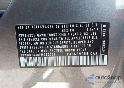 2015 Volkswagen Jetta 1.8T Se z USA, uszkodzony, nr VIN 3VWD07AJ8FM262076